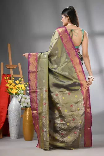 Copper texture motifs tissue silk saree with zari borders