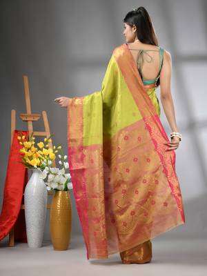 Light green texture motifs tissue silk saree with zari borders 3