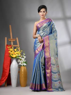 Blue texture motifs tissue silk saree with zari borders 1