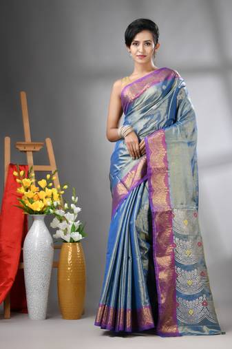 Blue texture motifs tissue silk saree with zari borders