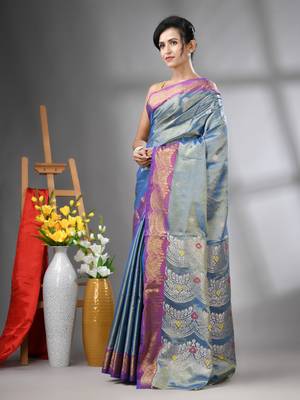 Blue texture motifs tissue silk saree with zari borders 2