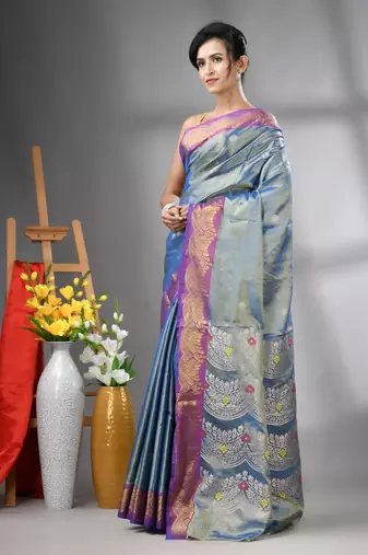 Blue texture motifs tissue silk saree with zari borders