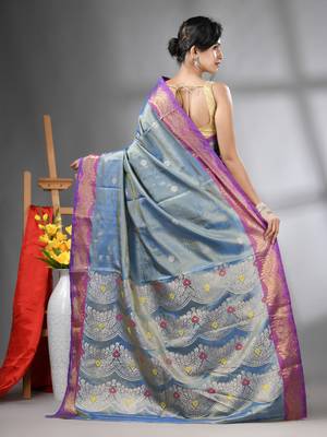 Blue texture motifs tissue silk saree with zari borders 3