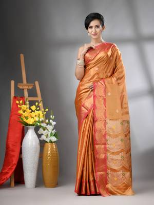 Orange texture motifs tissue silk saree with zari borders 1