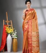 Orange texture motifs tissue silk saree with zari borders
