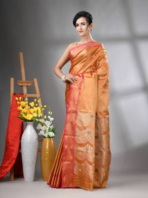 Orange texture motifs tissue silk saree with zari borders 2