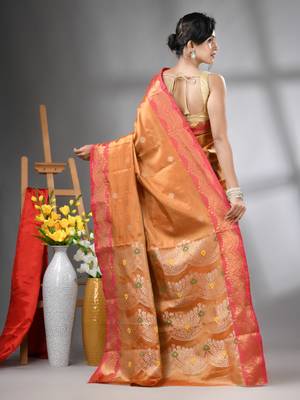 Orange texture motifs tissue silk saree with zari borders 3