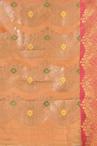 Orange texture motifs tissue silk saree with zari borders