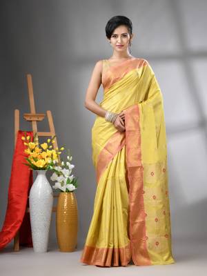 Yellow texture motifs tissue silk saree with zari borders 1