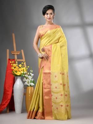Yellow texture motifs tissue silk saree with zari borders 2