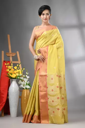 Yellow texture motifs tissue silk saree with zari borders