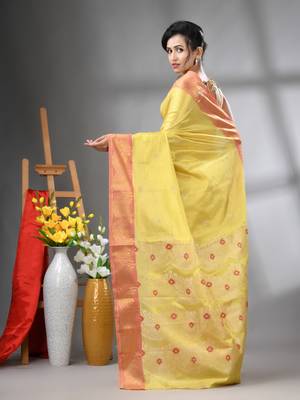 Yellow texture motifs tissue silk saree with zari borders 3