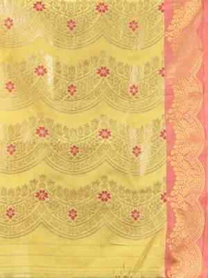 Yellow texture motifs tissue silk saree with zari borders 4