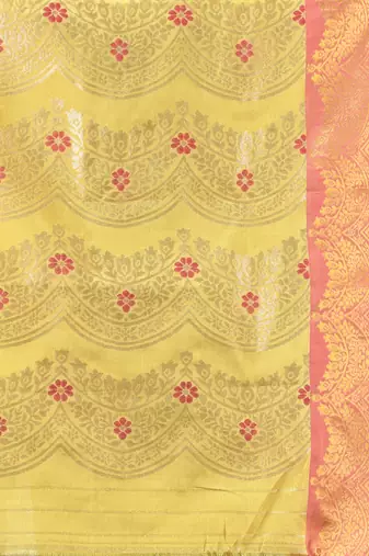 Yellow texture motifs tissue silk saree with zari borders