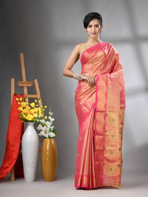 Pink texture motifs tissue silk saree with zari borders 1