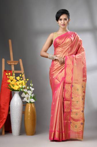 Pink texture motifs tissue silk saree with zari borders