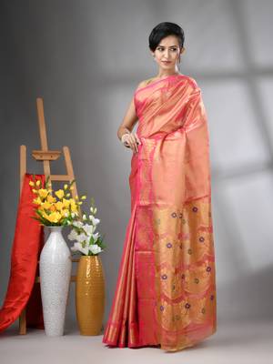 Pink texture motifs tissue silk saree with zari borders 2