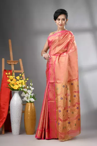 Pink texture motifs tissue silk saree with zari borders
