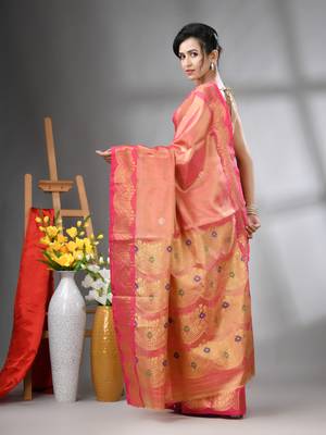 Pink texture motifs tissue silk saree with zari borders 3