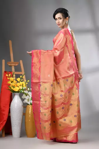 Pink texture motifs tissue silk saree with zari borders