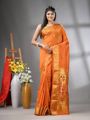 Orange peacock motifs paithani silk saree with zari borders 1