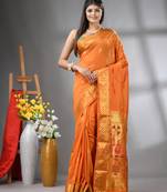 Orange peacock motifs paithani silk saree with zari borders