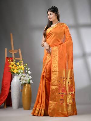 Orange peacock motifs paithani silk saree with zari borders 2