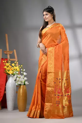Orange peacock motifs paithani silk saree with zari borders