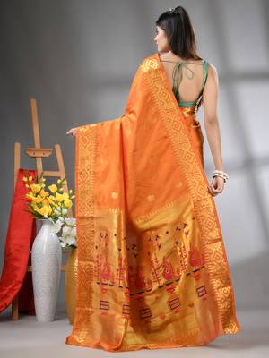 Orange peacock motifs paithani silk saree with zari borders 3