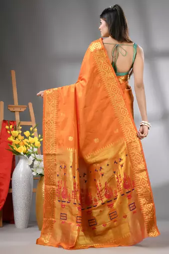 Orange peacock motifs paithani silk saree with zari borders