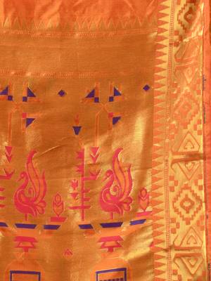 Orange peacock motifs paithani silk saree with zari borders 4