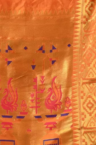 Orange peacock motifs paithani silk saree with zari borders