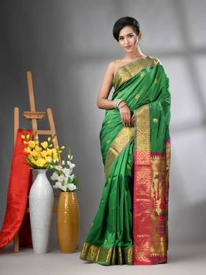 Green peacock motifs paithani silk saree with zari borders 1