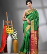 Green peacock motifs paithani silk saree with zari borders