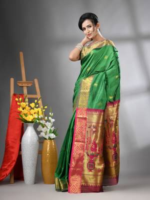 Green peacock motifs paithani silk saree with zari borders 2