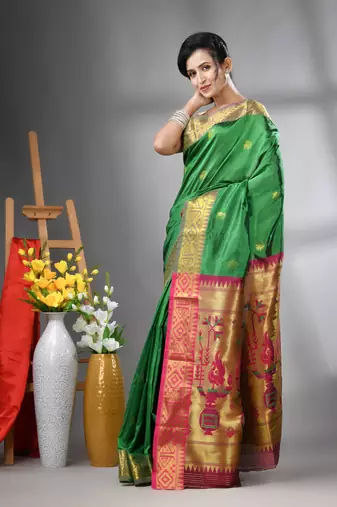 Green peacock motifs paithani silk saree with zari borders