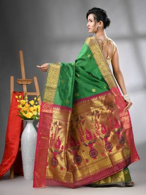 Green peacock motifs paithani silk saree with zari borders 3