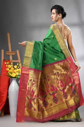 Green peacock motifs paithani silk saree with zari borders