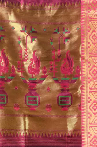 Green peacock motifs paithani silk saree with zari borders