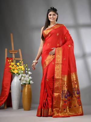 Red peacock motifs paithani silk saree with zari borders 1