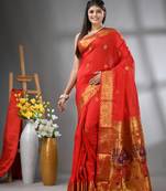 Red peacock motifs paithani silk saree with zari borders