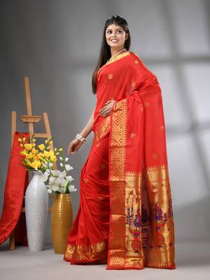 Red peacock motifs paithani silk saree with zari borders 2