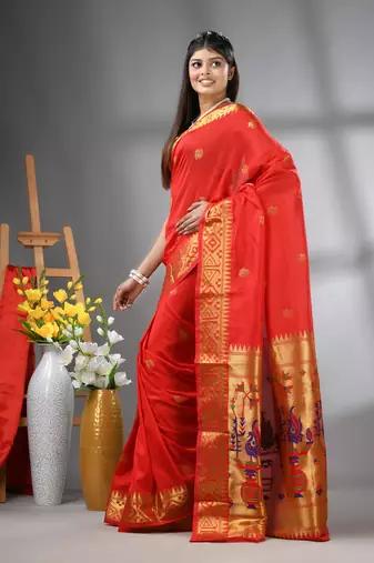 Red peacock motifs paithani silk saree with zari borders