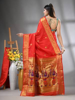 Red peacock motifs paithani silk saree with zari borders 3