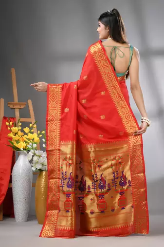 Red peacock motifs paithani silk saree with zari borders
