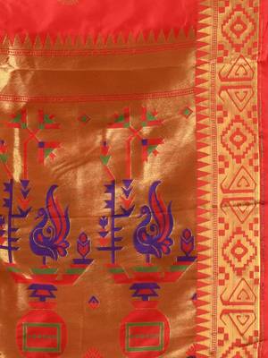 Red peacock motifs paithani silk saree with zari borders 4