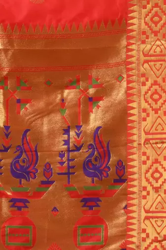 Red peacock motifs paithani silk saree with zari borders