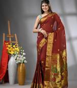 Brown peacock motifs paithani silk saree with zari borders