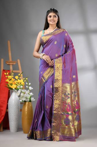 Lilac peacock motifs paithani silk saree with zari borders