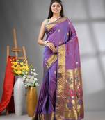 Lilac peacock motifs paithani silk saree with zari borders